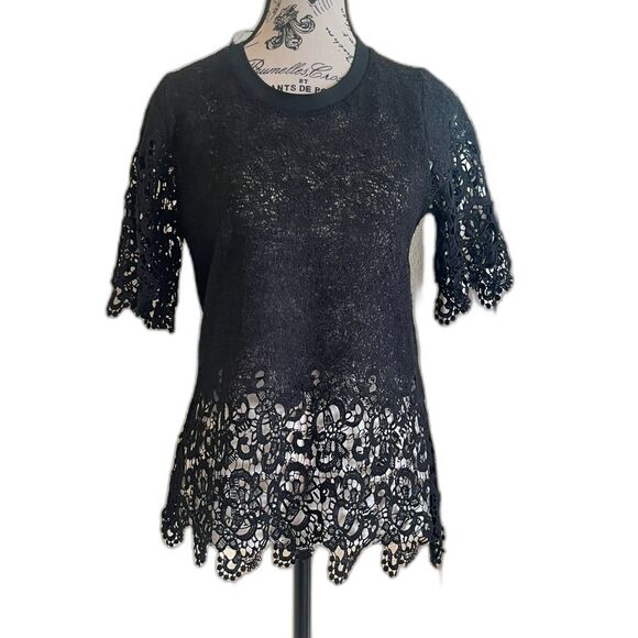 Zara Small Floral Lace Crochet Whimsigoth  Short Sleeve Knit Blouse Top Black - Picture 1 of 9